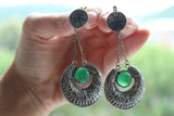 Earrings with chains big round Jadeite gemstone green Sterling Silver 925
