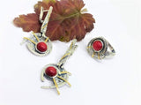Red coral jewelry set Earrings long and ring Sterling silver 925 with gold plated