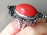 Red coral gemstone ring silver 925 Armenian handmade jewelry Artisan design
