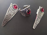 Set Rings and Very long earrings silver 925 with red lab garnet
