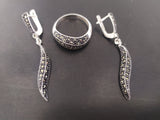 Long delicate earrings and ring marcasite Sterling silver 925