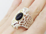 Jewelry ring Aventurine dark blue navy Sterling silver 925 Gold plated parts