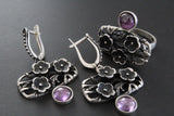 Silver 925 Earrings and ring floral with purple lab quartz