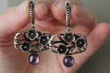 Silver 925 Earrings and ring floral with purple lab quartz