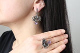 Silver 925 Earrings and ring floral with purple lab quartz