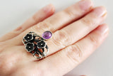 Silver 925 Earrings and ring floral with purple lab quartz