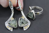 Set sterling silver 925 prehnite natural green EARRINGS and RING gold plated