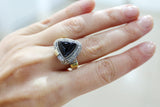 RING and Earrings Natural obsidian dark brown Sterling Silver 925 gold plated