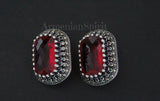 Set marcasite  silver 925 earrings ring lab red topaz white zircons
