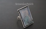 Silver earrings 925 women green moss agate gemstone Rectangle