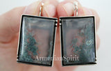 Silver earrings 925 women green moss agate gemstone Rectangle