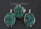 Malachite SET Silver 925 Jewelry earrings and ring adjustable druze