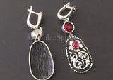 Set floral Long earrings and ring women SILVER 925 lab garnet