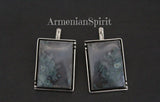 Silver earrings 925 women green moss agate gemstone Rectangle