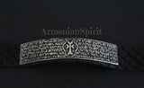 Men bracelet Armenian prayer black genuine leather, Sterling silver 925