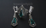 Emerald green stone Earrings and ring Silver 925 marcasite