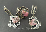 Set Silver 925 Adjustable ring and Dangle earrings gemstone pink rhodonite
