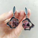 Set Silver 925 Adjustable ring and Dangle earrings gemstone pink rhodonite