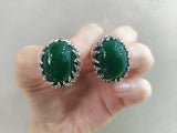 Short earrings and ring SET Sterling 925 green jade cabochon oval