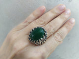 Short earrings and ring SET Sterling 925 green jade cabochon oval