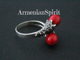 Ring black sterling silver 925 with marcasites and red lab coral