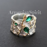 Ring adjustable Sterling silver 925 with green zircons