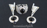 Jewelry set Earrings and ring Gilded Sterling silver 925 and natural onyx