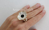 Flower Onyx ring black Sterling SILVER 925 gold plated