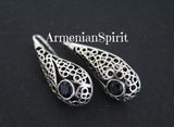 Short earrings Hooked ear wire with blue lab topaz stone
