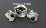 Set ring and earrings black onyx SILVER 925 gold plated