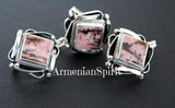 Earrings Sterling silver 925 natural rhodonite pink black brown