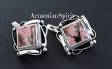 Earrings Sterling silver 925 natural rhodonite pink black brown
