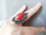 Red coral gemstone ring silver 925 Armenian handmade jewelry Artisan design