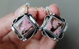 Earrings Sterling silver 925 natural rhodonite pink black brown