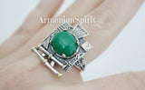 Green jade jewelry set Earrings long and ring Sterling silver 925 gold plated