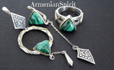 Silver 925 RING Green malachite gemstone Modern Gold plated parts
