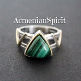 Silver 925 RING Green malachite gemstone Modern Gold plated parts