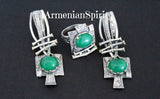 Green jade jewelry set Earrings long and ring Sterling silver 925 gold plated