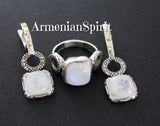 Moon stone gemstone dangle earrings and ring SET Silver 925