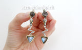 Long Earrings ring Set labradorite blue gem Silver 925 gold plated