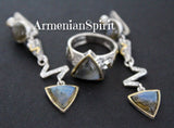 Long Earrings ring Set labradorite blue gem Silver 925 gold plated