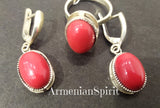 Jewelry set Earrings ring Sterling silver 925 natural pressed red coral