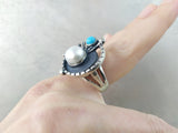 Jewelry set Earrings ring  Sterling silver 925 natural white pearl and turquoise
