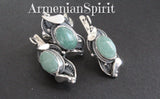 Silver 925 Set earrings and ring With gemstone pale green jade Filigree