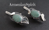 Silver 925 Set earrings and ring With gemstone pale green jade Filigree