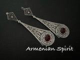 Silver  jewelry SET Earrings Garnet stone long dangly and Ring