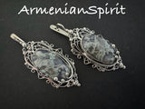 Earrings Sterling silver 925 moss agate gemstone in green and gray