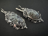 Earrings Sterling silver 925 moss agate gemstone in green and gray