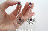 SILVER 925 long earrings with chains dangle English closure red stone