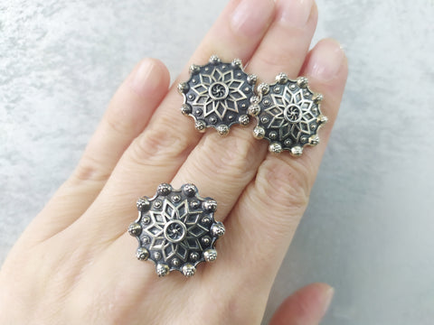 Set Ring Earrings flower Silver 925